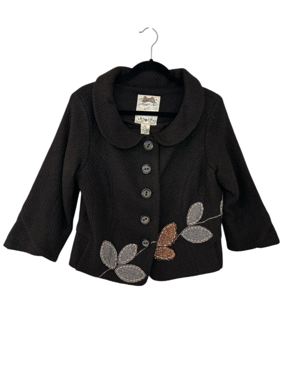 NWT Nick & Mo Art To Wear Black Short Waisted Flower Appliqué Coat Size XL